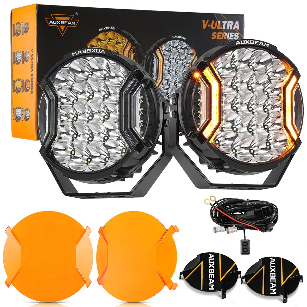 AUXBEAM V-ULTRA SERIES 9 inch LED Driving Light 3000K / 6500K 300W Light Pod Side Shooter with Amber DRL Black / Amber Cover