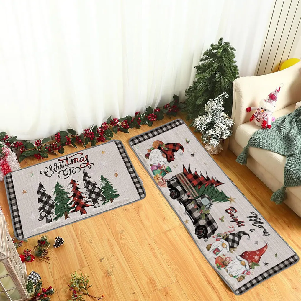 

2Pcs Christmas Kitchen Floor Mat Party Decoration Hallway Entrance Doormat Washable Kitchen Rugs for Living Room Home Decor