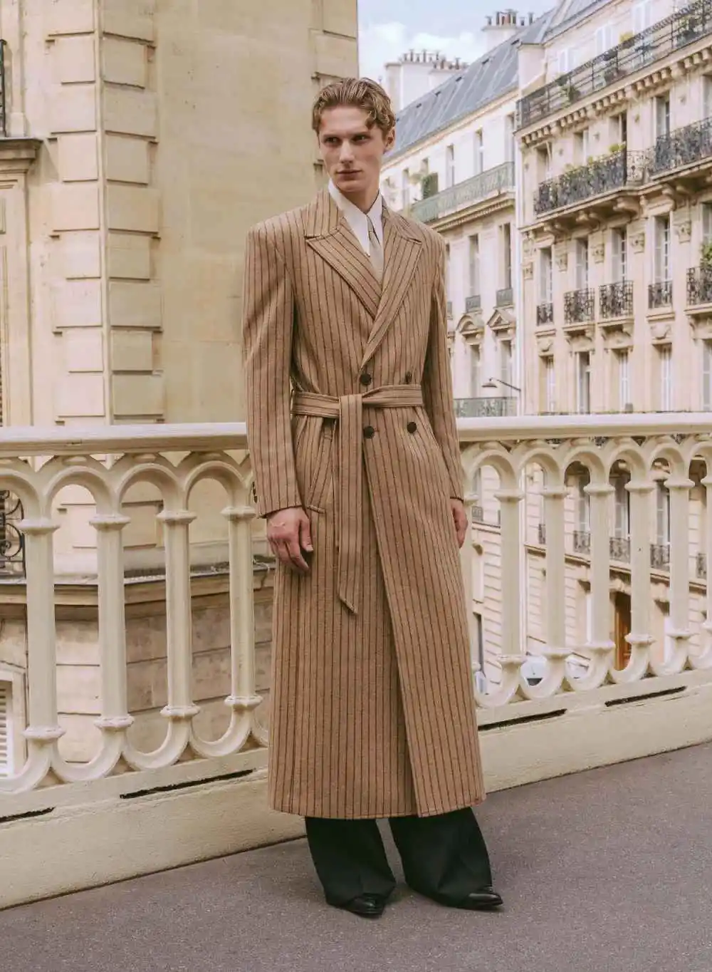 Classic Striped Men Overcoat Notched Lapel Long Sleeve Double Breasted Outdoor Occasions Warmth Commute Customized