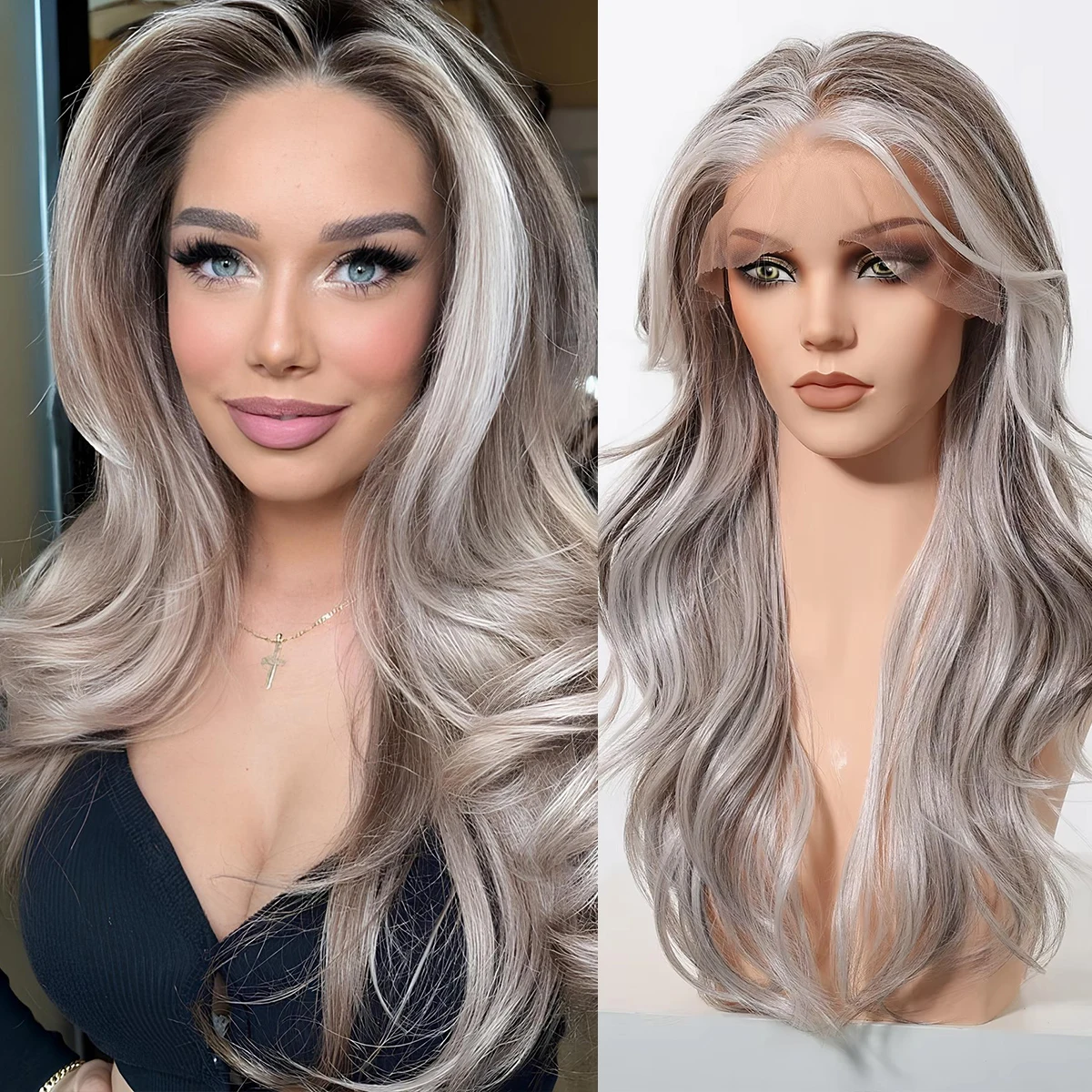 

DWY Long Layered Wave Hair Wig Platinum Brown Highlights 13*6 Lace Frontal Synthetic Wigs For Women Daily Heat Resistant Wig