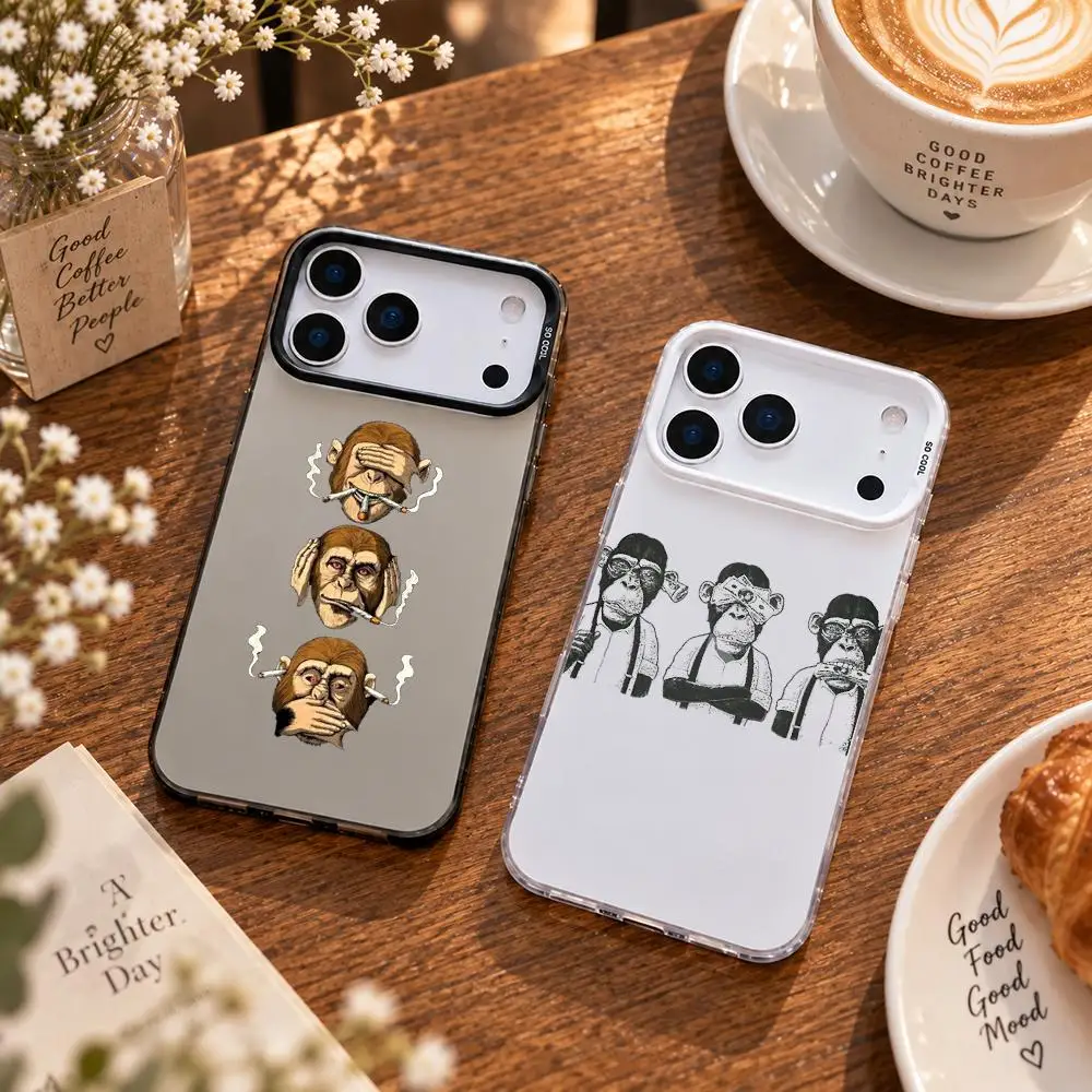 Comic three monkeys Phone Case For iPhone 18 17 16 15 14 13 Pro Max Independent Metal Button Electroplating Mobile