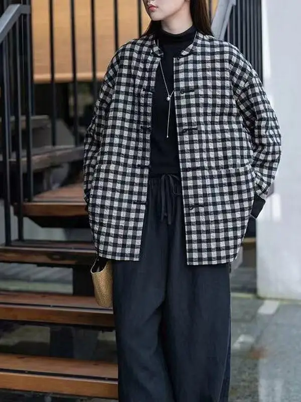 

Autumn Winter Plaid Casual Long Sve Stand Collar Double ket Open Cardigan plus Size Women's Clothing Button Detail