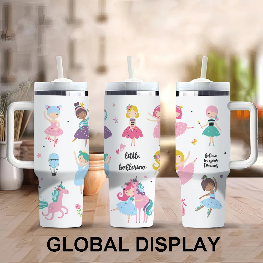 

1 шт., стакан из нержавеющей стали с принтом балерины, 40 унций, с ручкой, соломой, изолированная дорожная кружка для горячих и холодных напитков