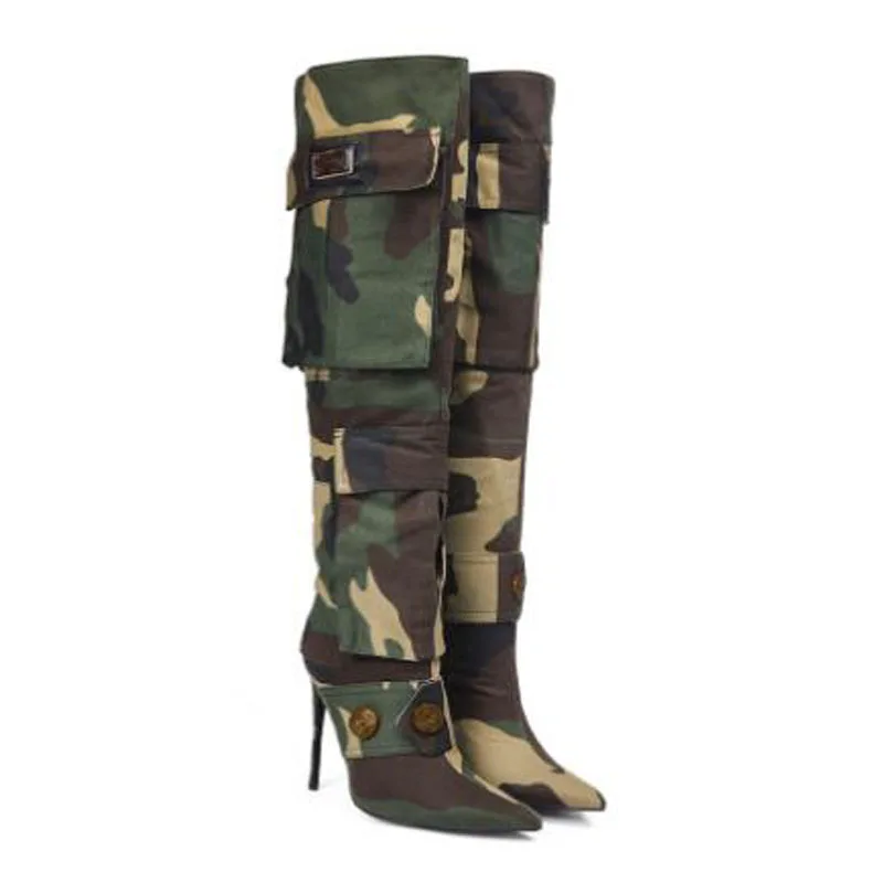 

Sexy Women Camouflage Jeans Denim Pointed Toe Thin Heels Pocket Gold Metal Button Over The Knee Boots Ladies Shoes Long Botas