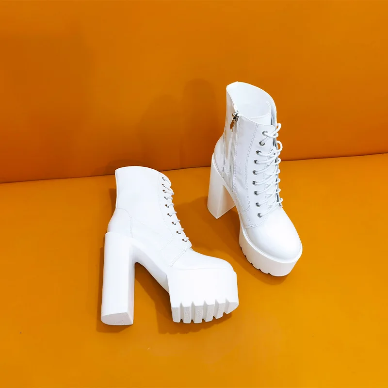 Female Ankle Boots Round Toe Block High Heel 14cm Platform Zipper Lace Up Plus Size 43 Mature Party Booty Patent Leather Botines