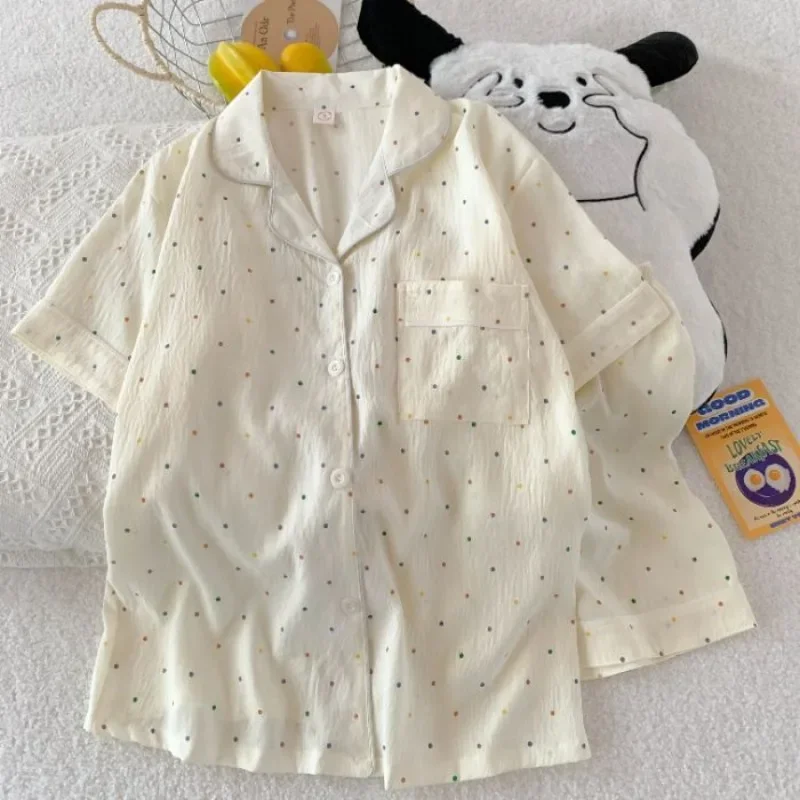Sommerliches Freizeit-Loungewear-Set für Mädchen, 2-teilig, Damen-Pyjama mit kurzen Ärmeln und Kragen, Shorts, lockere Strickjacke, Nachtwäsche, Pyjama, Loungewear