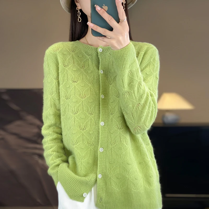 100% pure wool cardigan women's fashion hollow knit coat solid color spring and autumn new round neck button sweater outside.