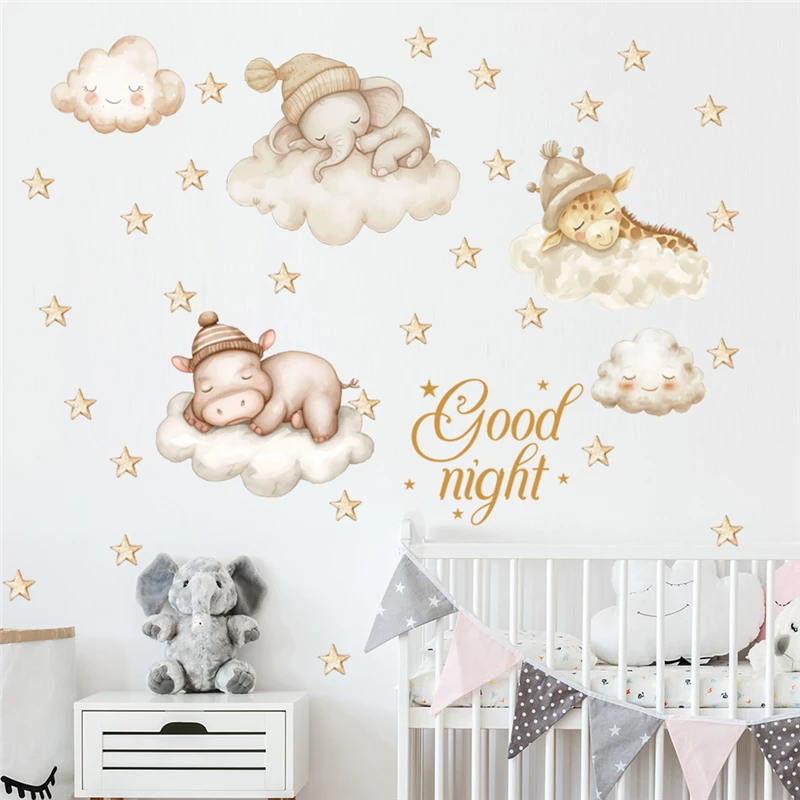 Cute Animals Sleeping On Moon Cloud Star Wall Stickers For Home Decoration Cartoon Safari Mural Art Kids Room Decals Pvc Poster