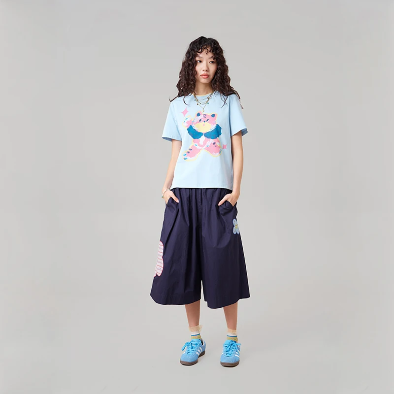MOVEUP Casual Fashionable Capri Pants 2026 Summer New Plaid Patch Embroidered Loose Straight Leg Pants For Women 3ELX20142