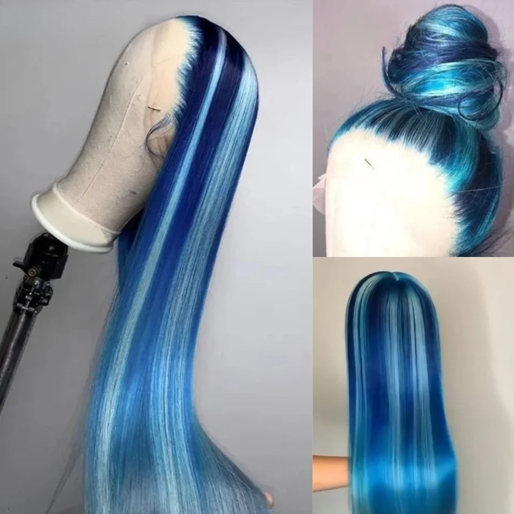 

Бесклеевые бразильские волосы Hd, прозрачный кружевной передний прямой парик, предварительно выщипанный синтетический парик синего цвета для женщин, косплей