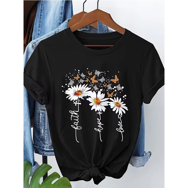 Women's Floral Daisy Applique Faith Hope Love Print Short Sleeve T Shirt 90s Crew Neck Tees Tops Women Casual Gothic Y2k Clothes
