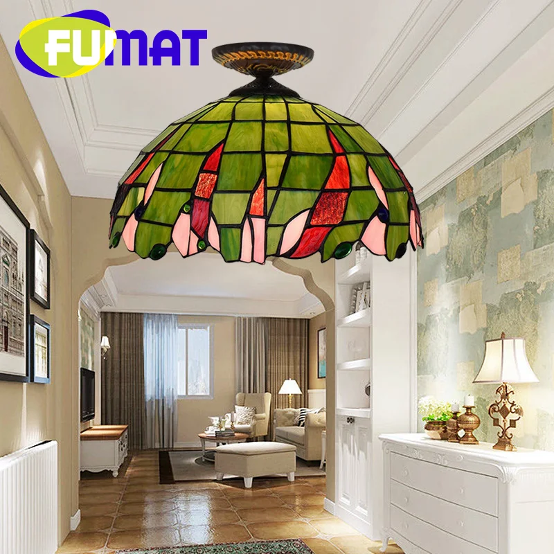 

FUMAT Tiffany 16inch pastoral green stained glass overhead light deco dining room bedroom aisle hallway hallway ceiling light