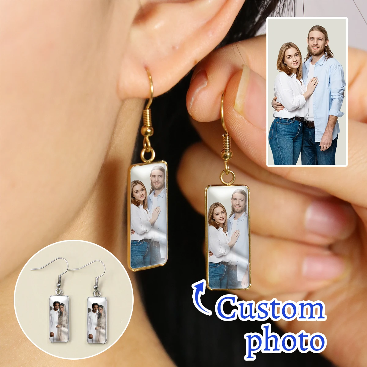 Custom Photo Drop Earrings, Personalized Picture Dangle Jewelry For Women, Customized Rectangular Crystal Ear Accessory As