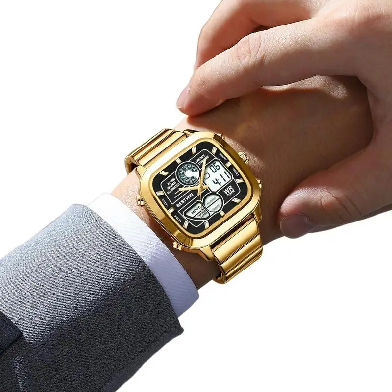 Men's Multifunctional Electronic Watch Featuring Dual Display Steel Strap Waterproof Design Ideal for Outdoor Sports Daily Wear