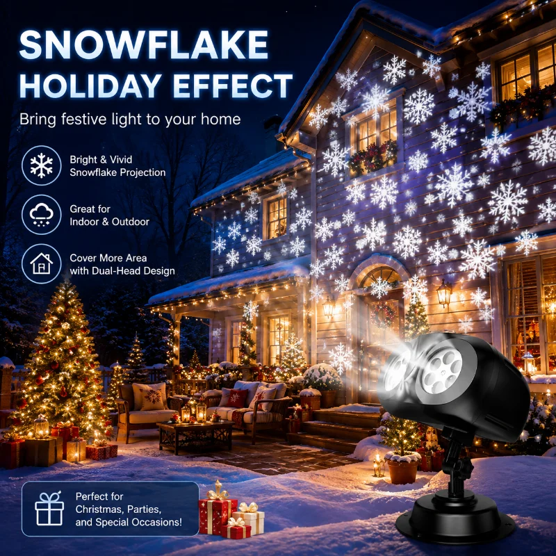 Snowflake Pattern LED Projector Christmas Outdoor Waterproof Ground Stake Lamp Dual Head Yard Holiday Lighting