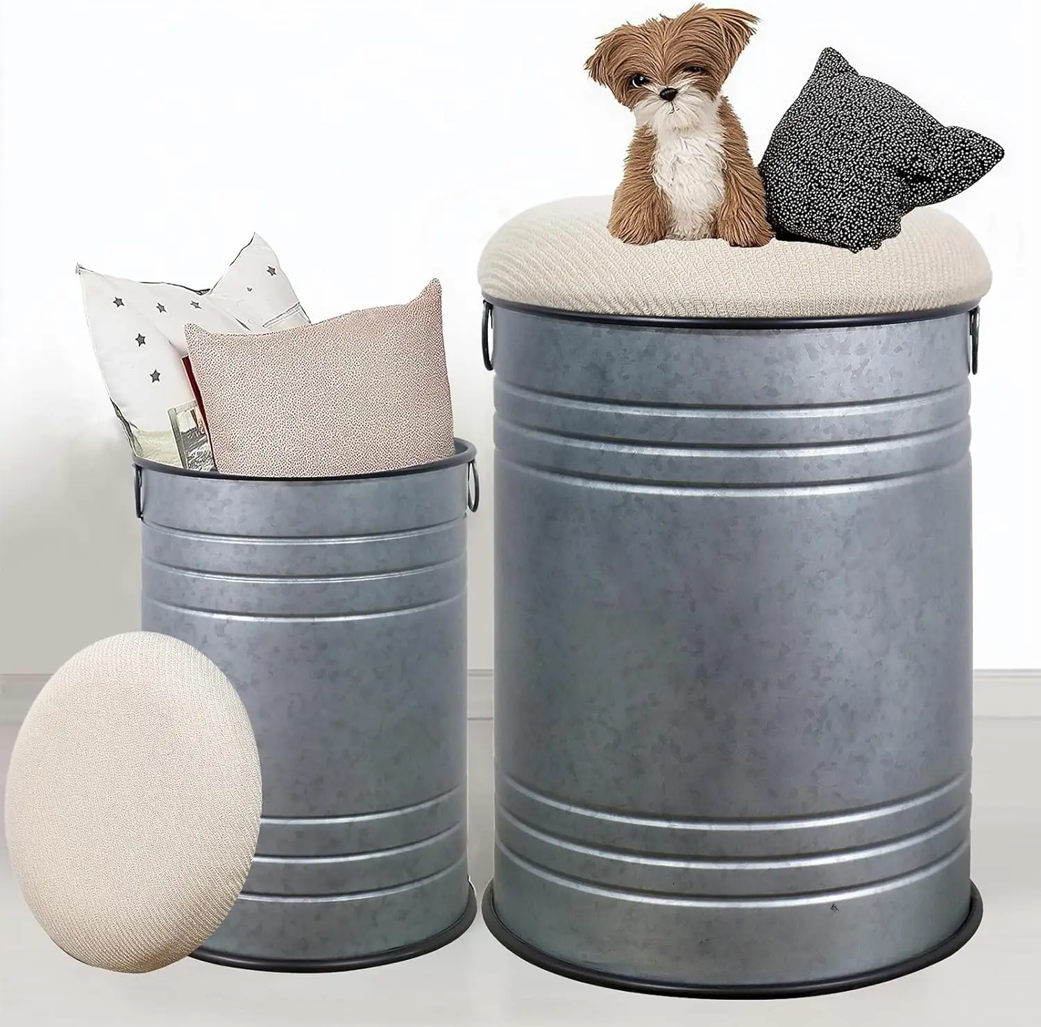 

Rustic End Table Set Of 2, Farmhouse Galvanized Antique Metal Barrel Ottoman Storage Stool With Round Beige Upholstered Lid For