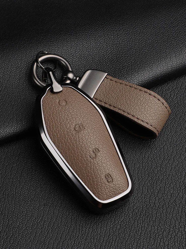 Car Key Protection Cover for BYD Han Tang Song ATTO3 Seal Dolphin Qing E2 E3 E9 Aluminium Alloy  Goat Skin Leather Key Cover