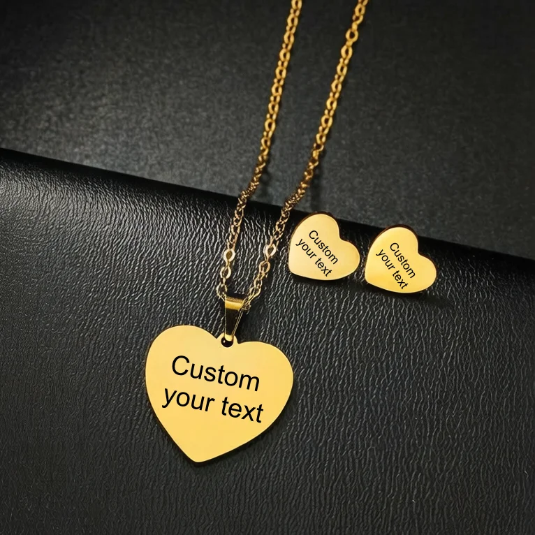 Custom Name Necklace Earrings Jewelry Set for Women Heart Stainless Steel Pendant Personalized Engraved Letter Date Lovers Gifts - view 6