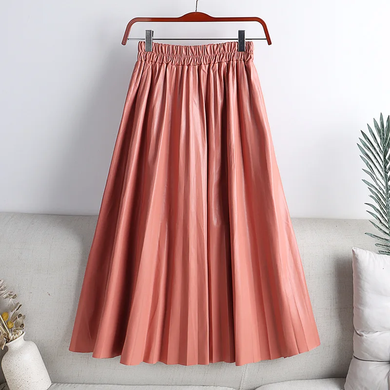 Nieuw in dames herfst winter effen kleur PU-leer geplooide taille A-lijn midi lange rok kantoor dame elegante losse rokken