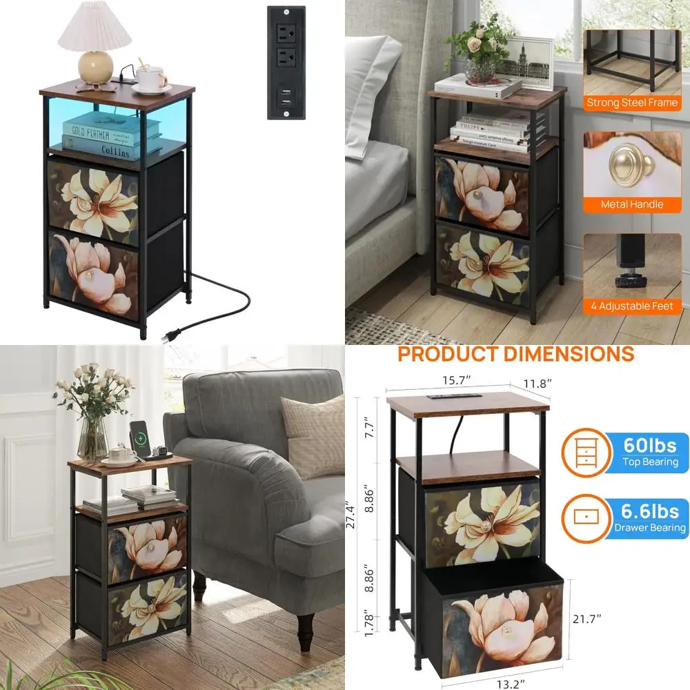 

Прикроватная тумбочка для зарядной станции со светодиодом, USB-портами и тканевыми ящиками, черная