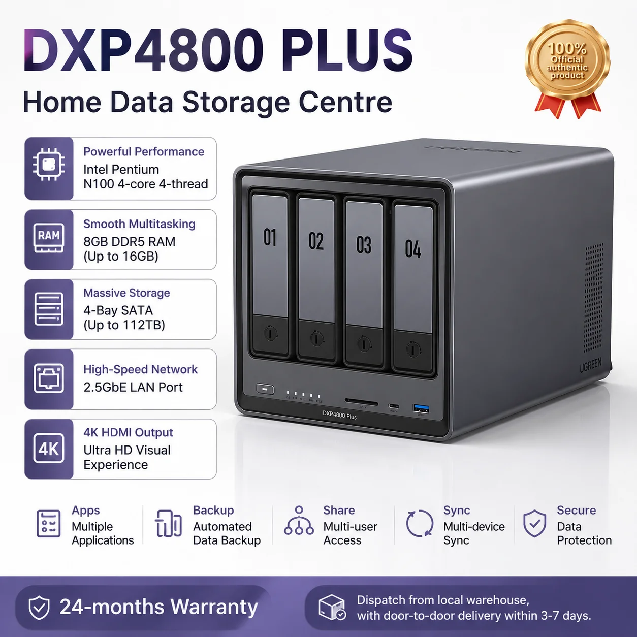 UGREEN DX4800 Plus NAS, stockage cloud privé, 4 baies, stockage en réseau, double port 2.5G, boîtier sans disques pour la maison et le bureau