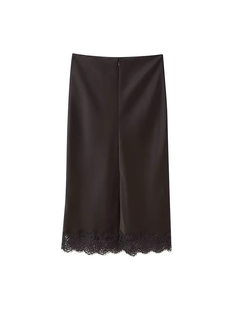 TFAFXY Vintage Casual Donna Marrone Abito in pizzo solido Cami Top corto Gonna lunga dritta allentata Nuova moda 2025 Set per le vacanze