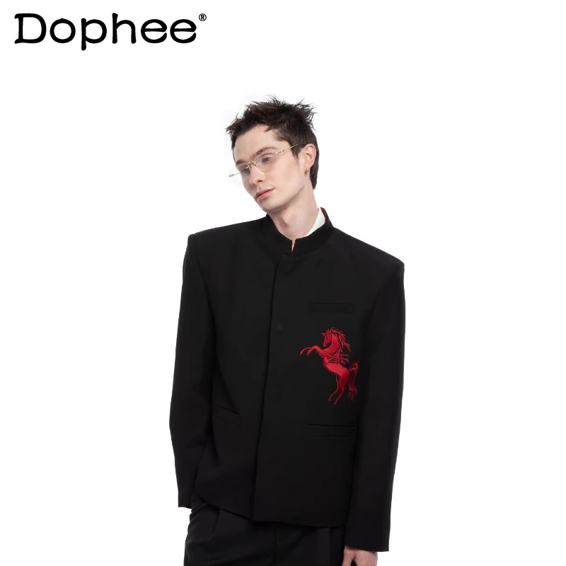 

2026 Spring New Men's Fashion Suit Jackets Light Luxury Embroidery Color Matching Trendy Blazers Handsome Elegant Tailored Coats