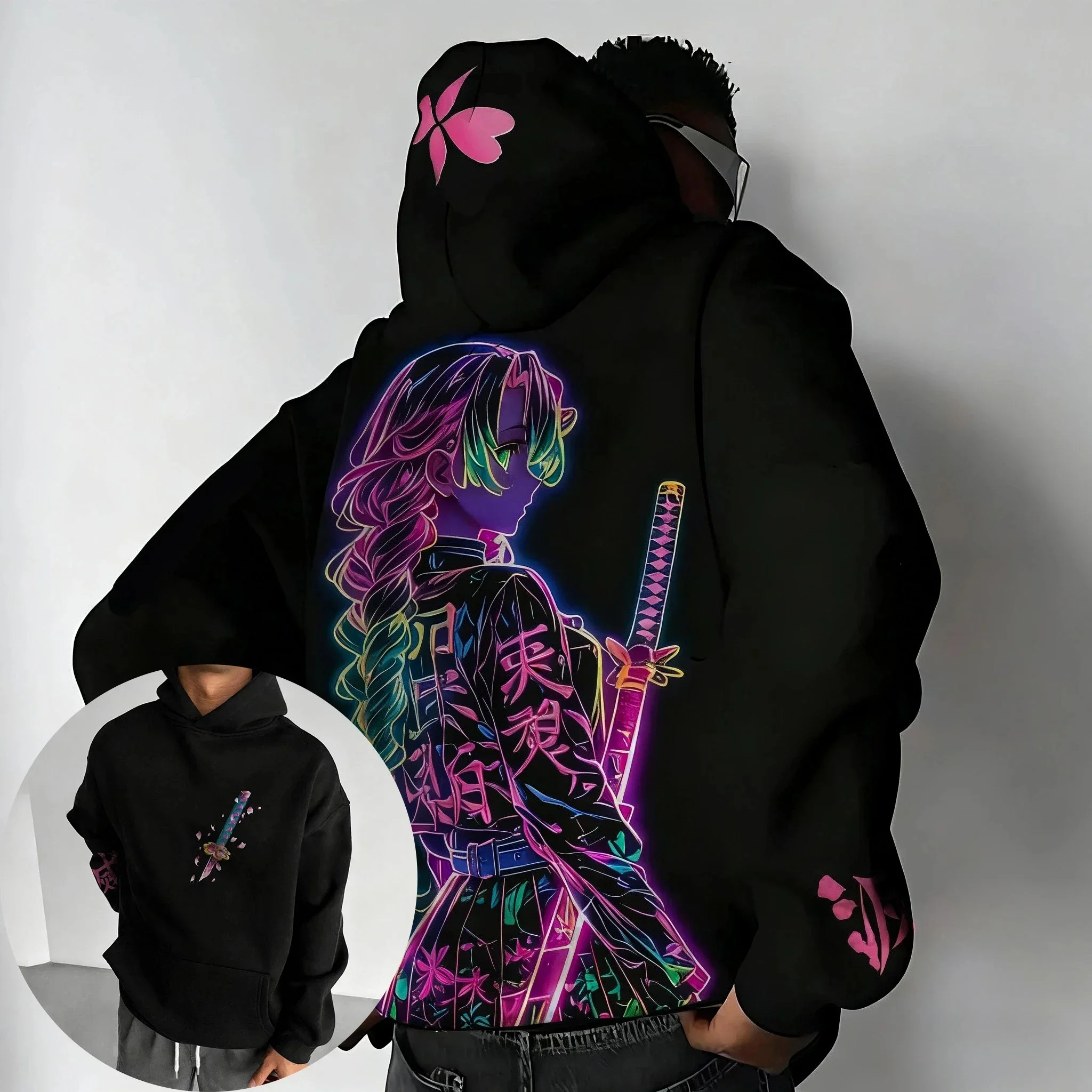 شيطان القاتل الخريف/الشتاء هوديس الخريف/الشتاء أنيمي جديد الشارع الهيب هوب الاتجاه Y2K فضفاض عصري الوالدين والطفل