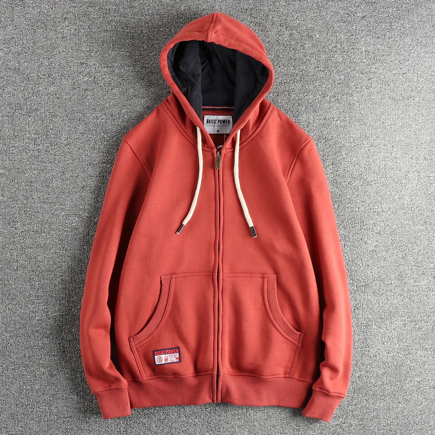 Autumn Winter New American Retro 320G Long Sleeve O-neck Thick Velvet Hooded Hoodies Men's Solid Color Cardigan Casual Sportwear