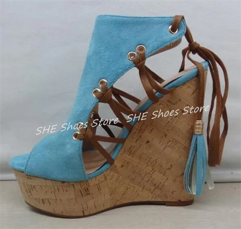 

Peep Toe Wedges Tassel Lace-Up Women Sandals Wooden Platform High Heel Dress Shoes Summer Outside Ladies Gladiator Shoes