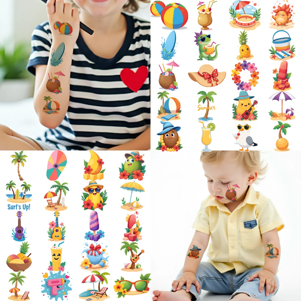 

63pcs Temporary Tattoo Summer Icons Temporary Tattoo Stickers Beach Items Waterproof Long-lasting Body Stickers For Girls Boys