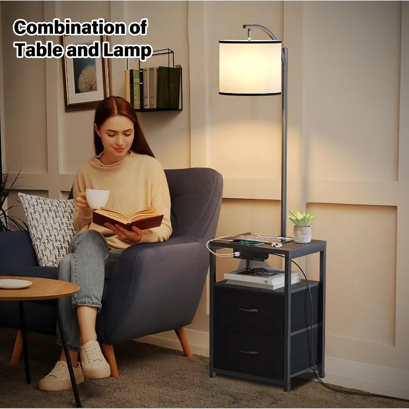 Floor Lamp with Table&2 Drawers,USB Port and Outlet,Lamps for Nightstand with 3 Color Temperature Led Bulb Included