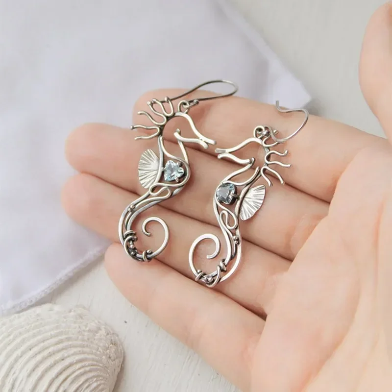 Silvery Metal Seahorse Pendant Earrings, Women\'s Creative Blue Zircon Earrings, Holiday Party Personalized Earrings