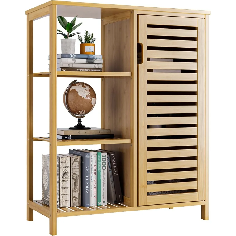 

Bathroom Cabinet, Bamboo Floor Cabinet Freestanding, Side Storage Organizer with 3 Open Shelves for Kitchen Living Room, Bedroom