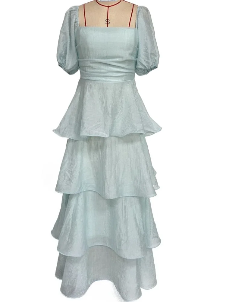 

Solid Color Bubble Sleeves Square Neck Open Back Tiered Long Dress