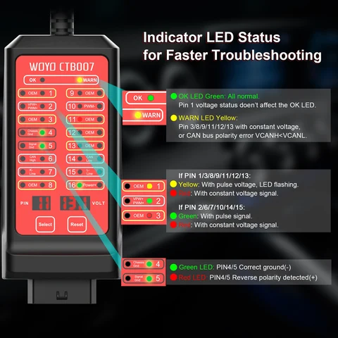 WOYO CTB007 OBD2 сканер для диагностики автомобилей с удлинительным кабелем — фото устройства