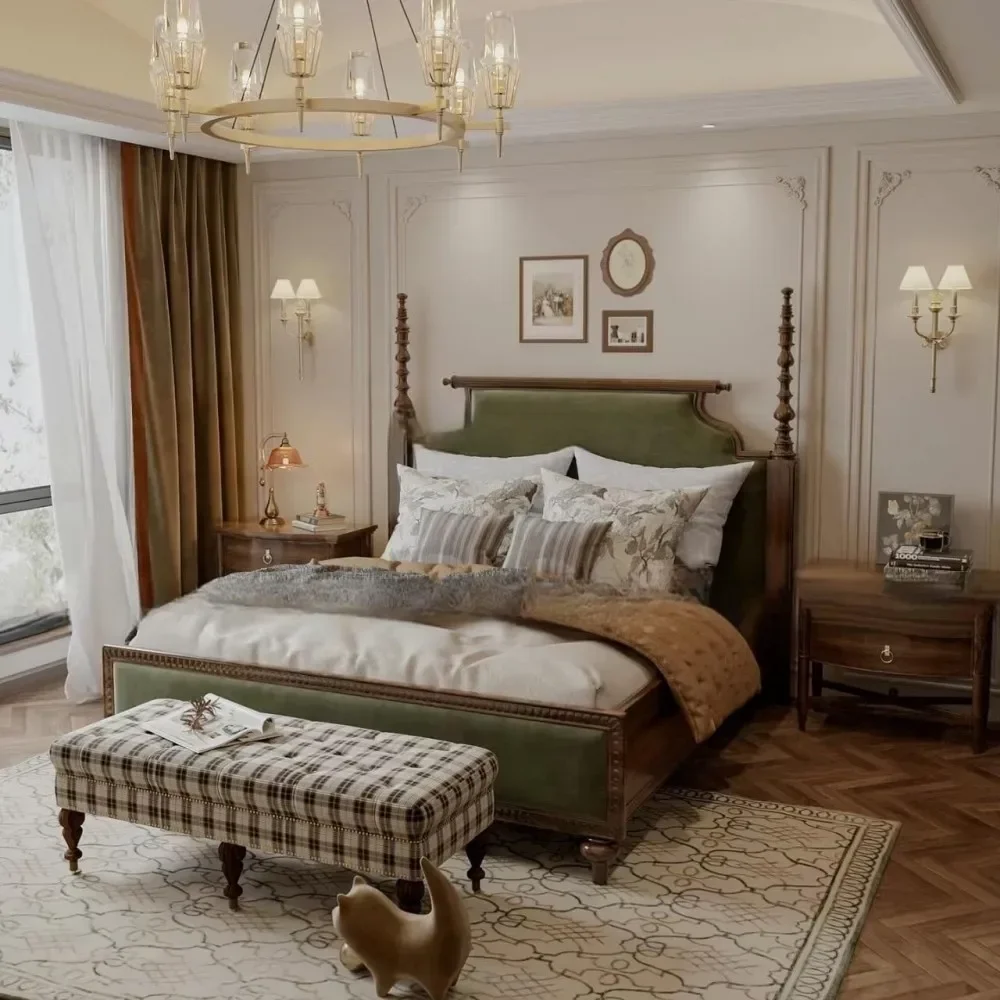 American retro solid wood 1.8 meters master bedroom double bed French high-end wedding princess Roman column fabric bed