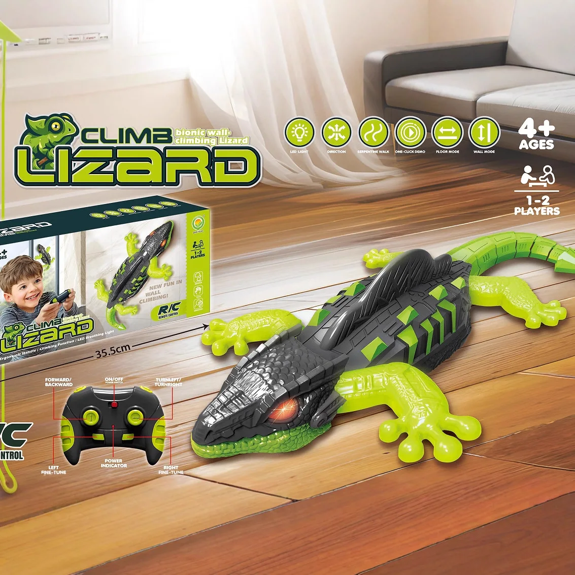 ของเล่นสัตว์บังคับวิทยุแบบปีนผนังได้ รูปทรงกิ้งก่า พร้อมไฟ LED หายใจได้ โหมดพื้นและผนัง สำหรับเด็กอายุ 4 ปีขึ้นไป