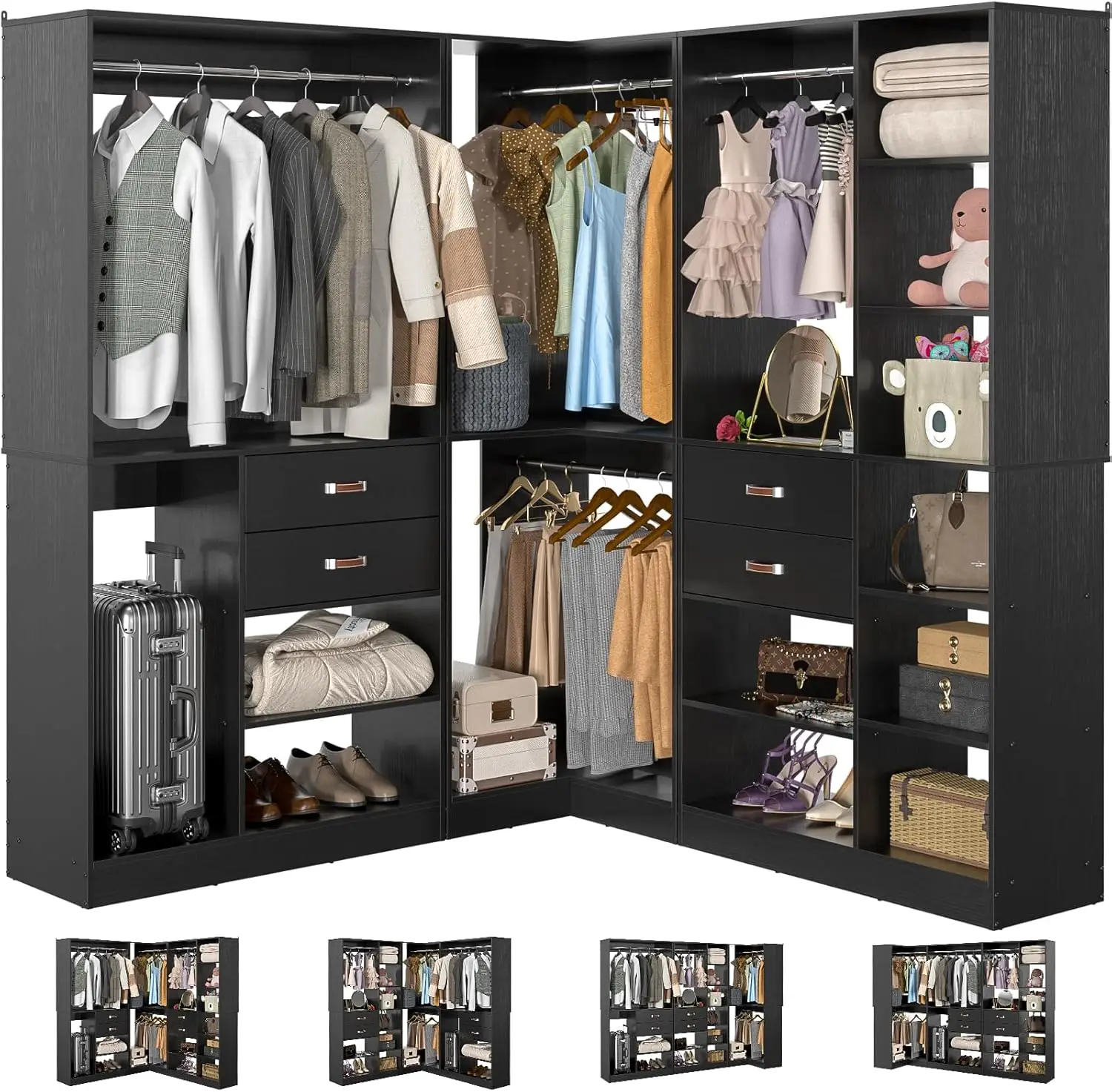 Freestanding Closet System with 3 Sets, 110'' Reversible Stand-alone Wardrobe, 80'' Height Cloth Garment Organizer