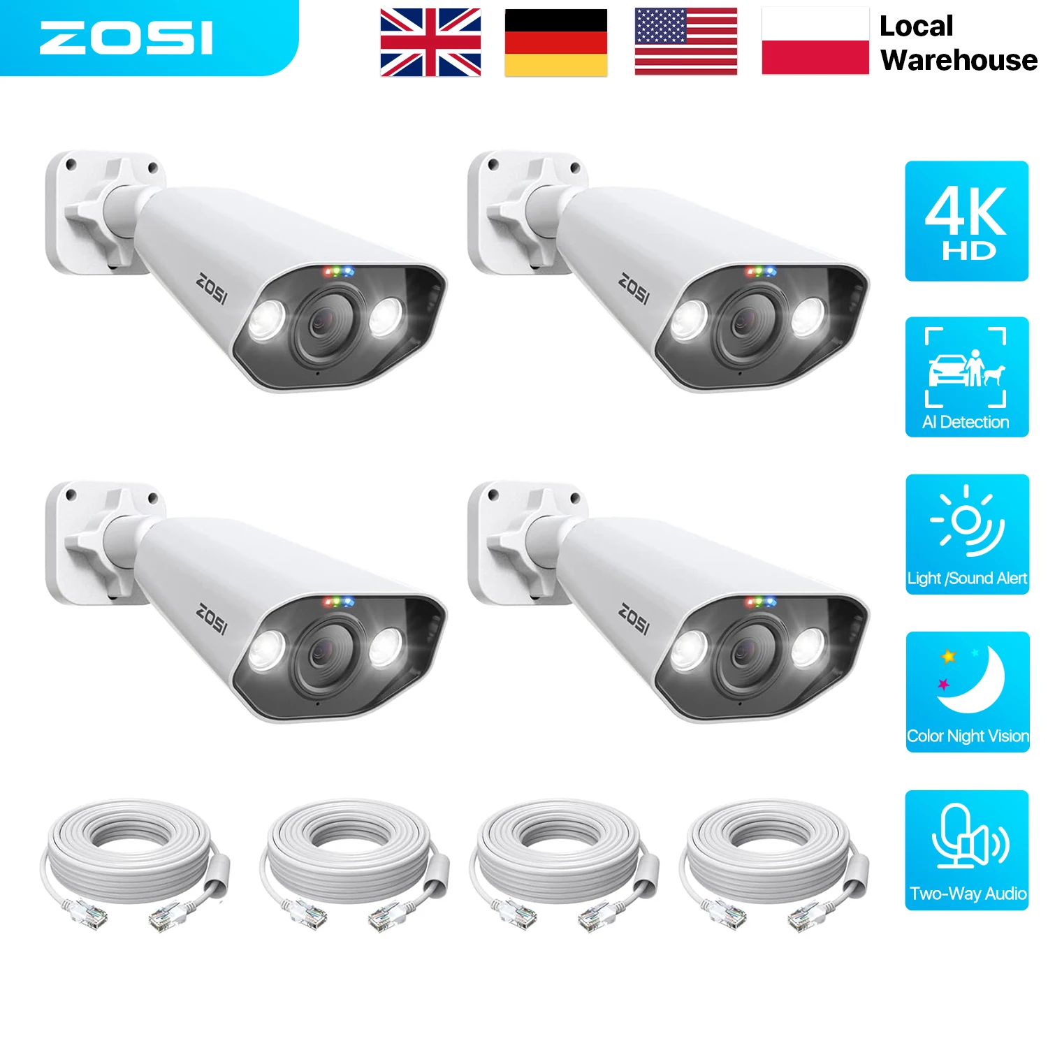 ZOSI 4K PoE Security Cameras with Ethernet Cables AI Detection 2-Way Audio Color 8MP Waterproof Outdoor Add-on Camera Only Work with ZOSI 4K PoE NVR