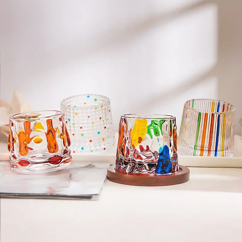 Hand-painted rotating glass with coasters color water cup decompression gyro glass tumbler whiskey glass