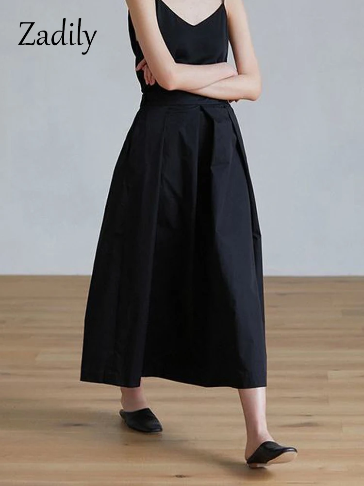 2023 Summer Office Lady High Waist Mid-Calf Woman Pleated Skirt Korea Style Loose Skirt Work Ladies A-Line Skirts