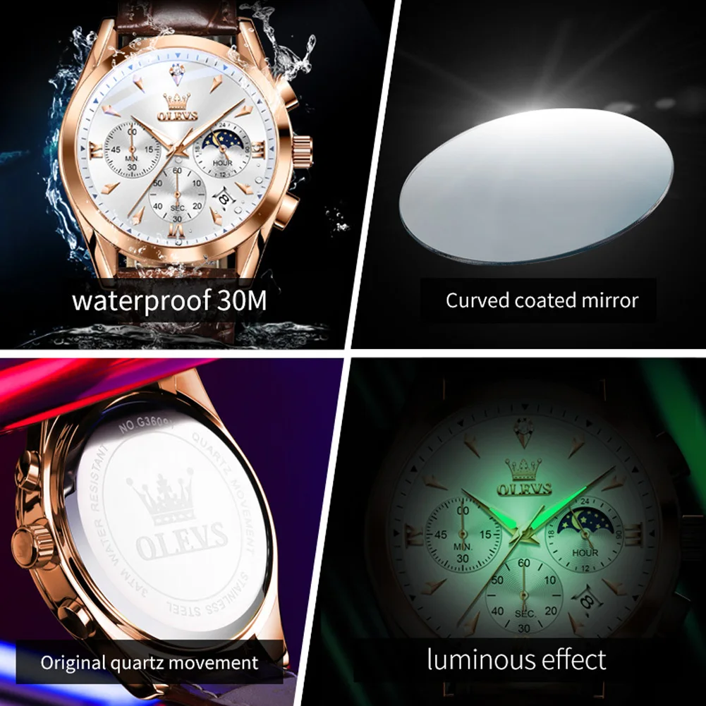 OLEVS Brand New Fashion Quartz Watch Men Leather Waterproof Luminous Calendar Luxury Chronograph Watches Mens Relogio Masculino