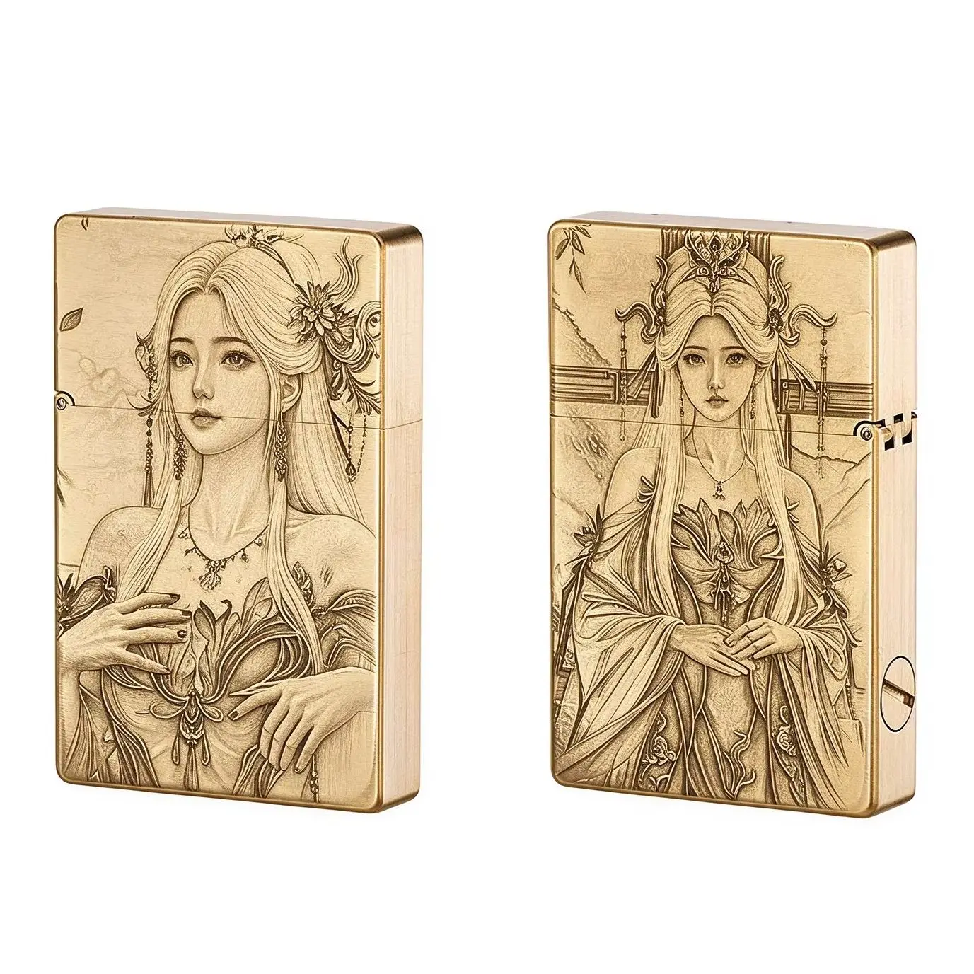 Vintage Brass Slim Oil Lighter Double-Sided Engraved Beauty Figure Windproof Grinding Wheel Refillable Cigarette Lighter for Men