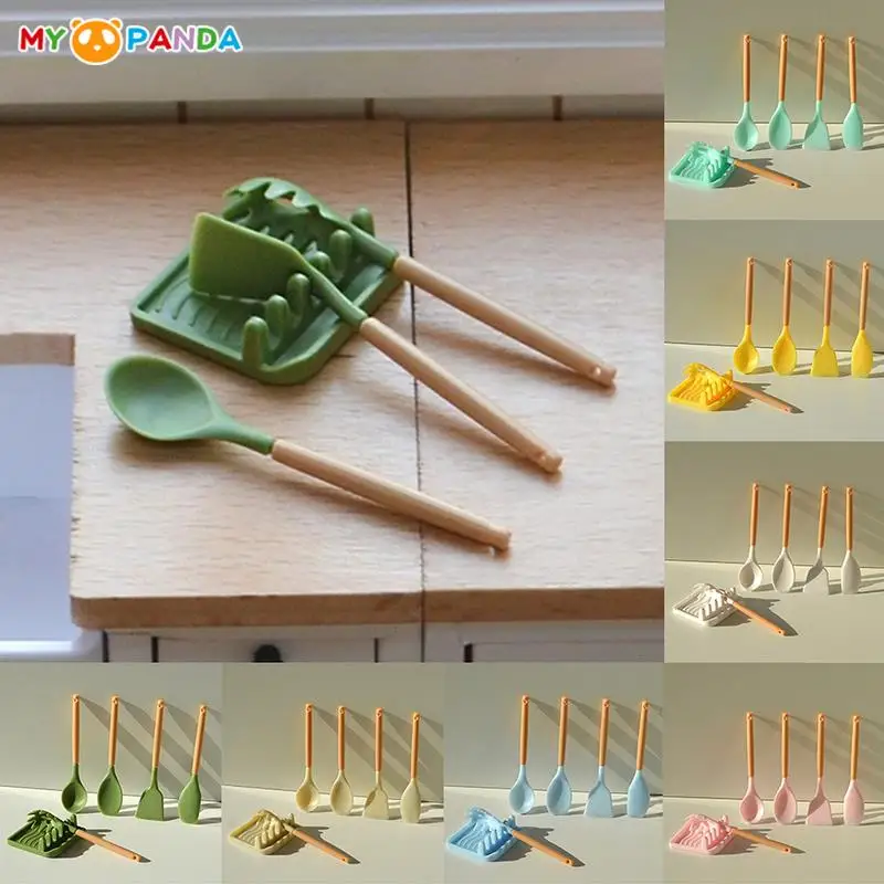 

6Pcs/Set 1:6 Dollhouse Miniature Pot Spatula Spoon Squeegee Frying Shovel with Holder Tray Mini Turner Kitchenware Model Decor