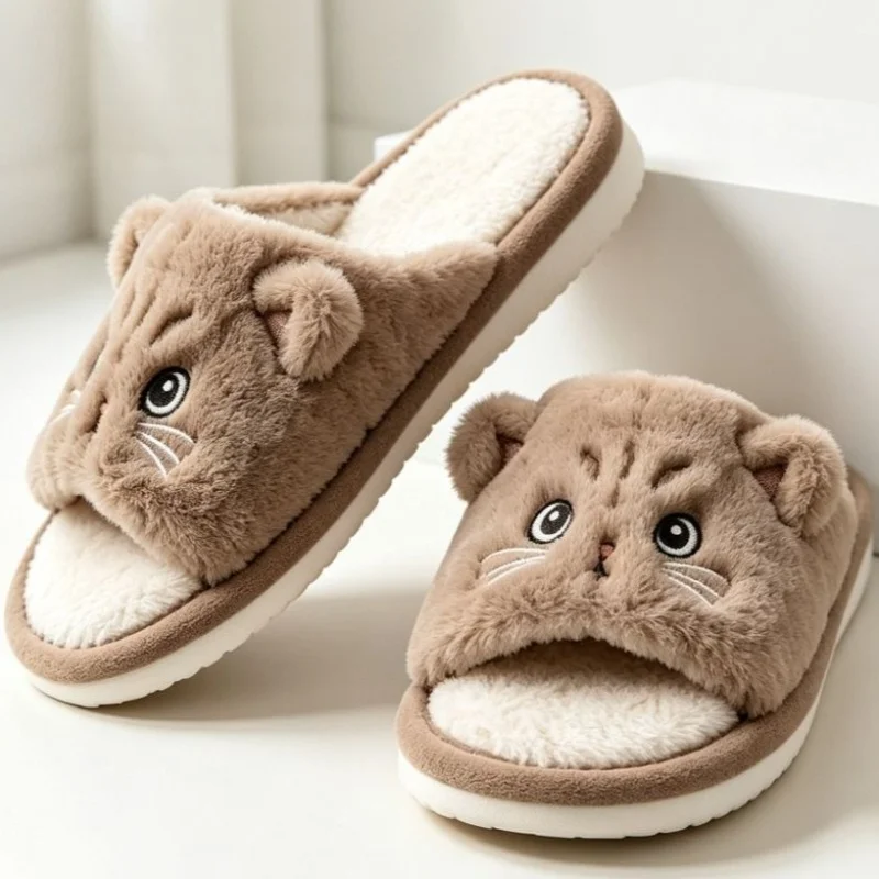 Cute Cat Plush Slippers For Couples Women Warm Fuzzy Flip Flops Men Cartoon Animal Open Toe House Slides Soft EVA Indoor Shoes