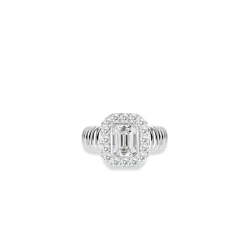 Bellux 925 Silver Synthetic Zircon Ring White Diamond Rectangular Emerald Cut Snake Print Fine Ring