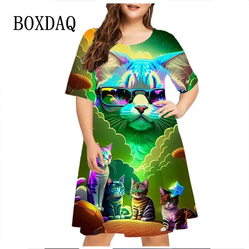 Girls Summer Dress Women\'s Fashion Short Sleeve Party Dress Funny Cute Cat ​Women Dress Loose Plus Size Dress Elegant Clothing