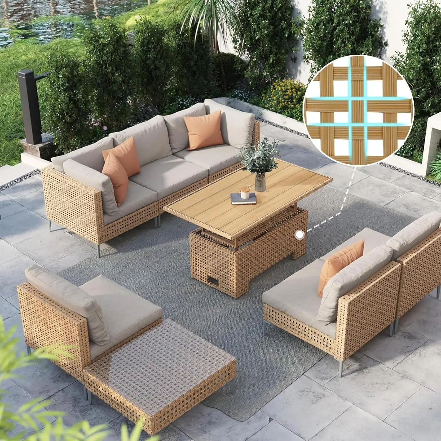 

8-Piece Wicker Patio Furniture Set with Lift Top Coffee Storage Table, Outdoor Conversation Set Sectional Sofa with Water