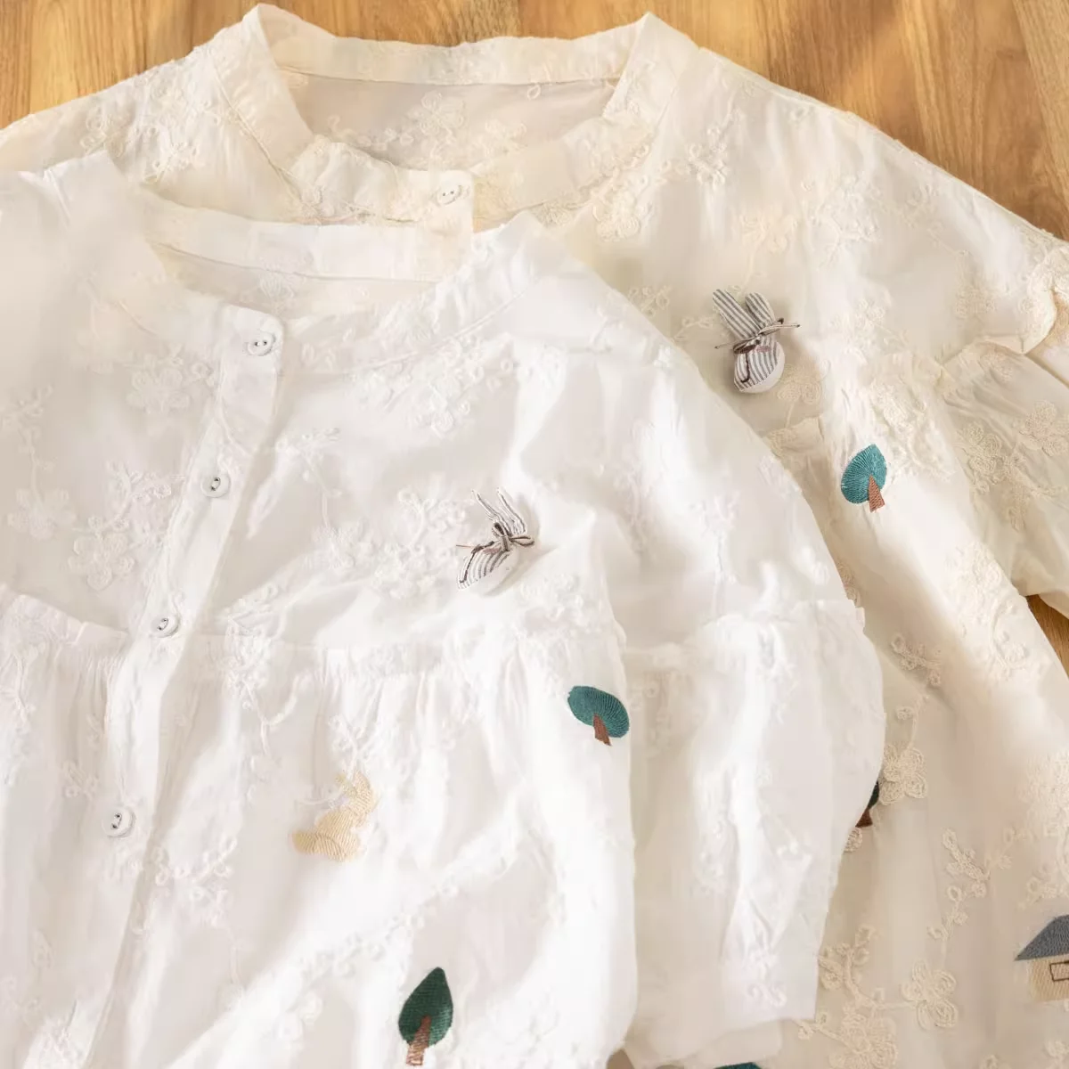 

Bust 120cm mori girl summer Japan style white beige cartoon tree embroidery shirts short sleeve blouses cotton cute clothes